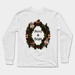 Bunny Holiday Wreath Christmas Ornaments Red Berries Holiday Quote Merry and Bright Long Sleeve T-Shirt